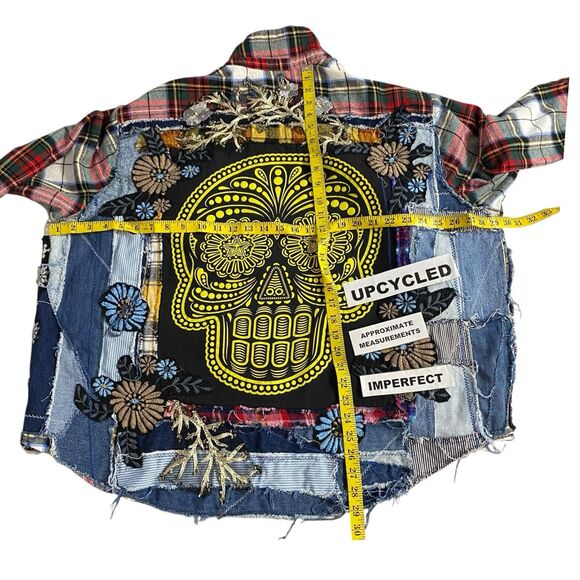 Flannel Shirt Womens 2XL Sugar Skull Shacket Upcycled Grunge Maximalist Rock - Picture 3 of 16